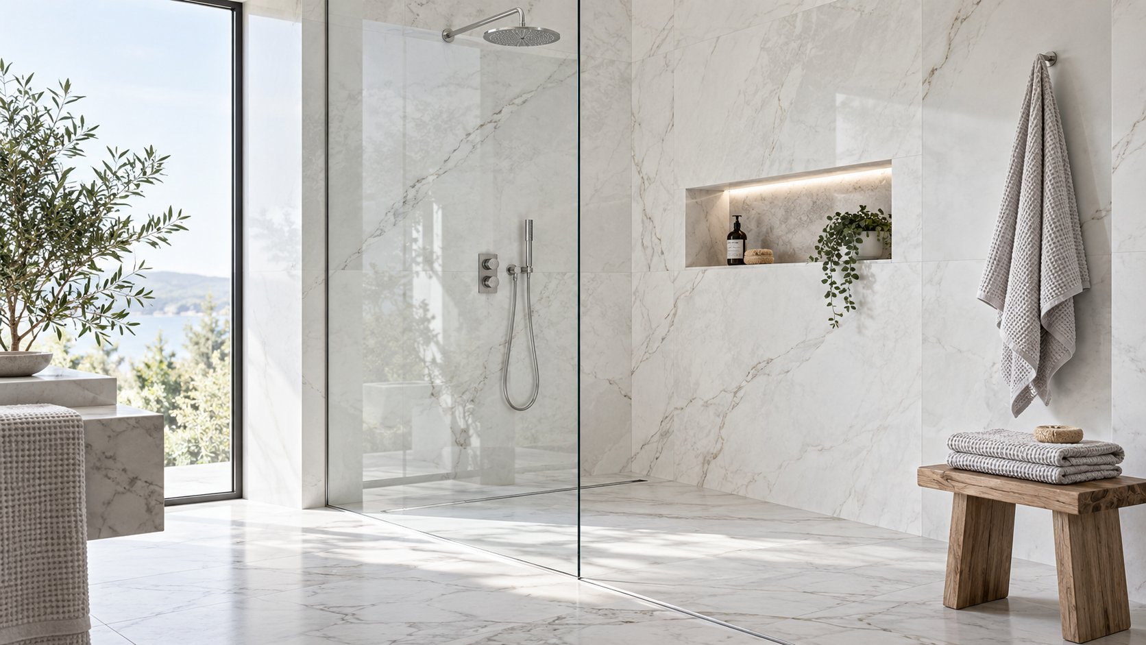 Minimal walk-in shower finished in light stone with polished chrome fittings